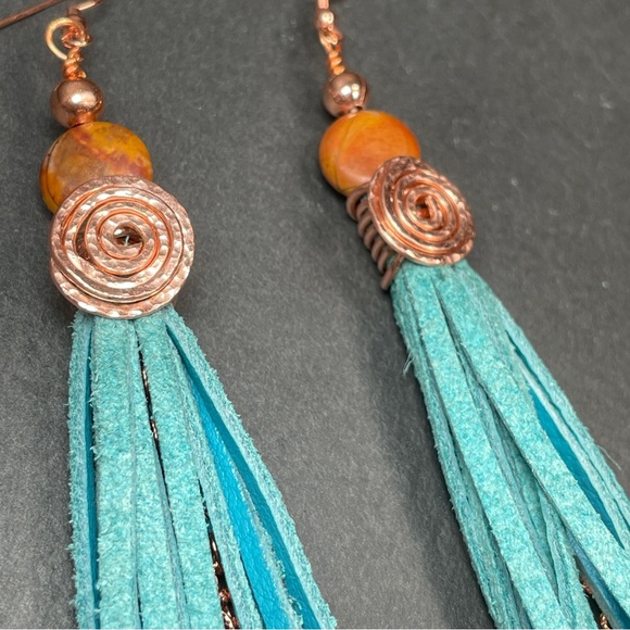 Natural Jasper And Genuine Turquoise Blue Leather Fringe And Copper Artisan - Picture 4 of 13
